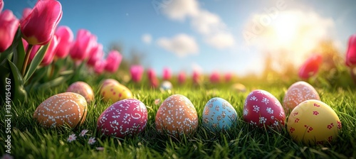 Easter Eggs and Tulips in Spring Grass..