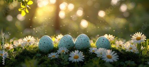 Obraz na płótnie Easter eggs hidden in spring grass on a fuzzy bright background . w salonie