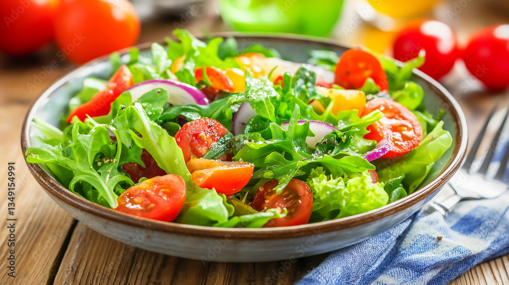 Fresh garden salad with vibrant vegetables served in a bowl on a wooden table with drinks in the background Fresh garden salad with vibrant vegetables served in a bowl on a wooden table with drinks in the background