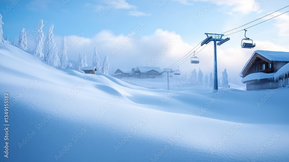 A serene winter landscape featuring snow-covered hills, a ski lift, and cozy cabins under a clear blue sky. A serene winter landscape featuring snow-covered hills, a ski lift, and cozy cabins under a clear blue sky.