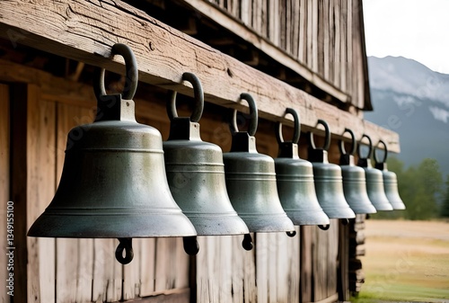 Rustic Cowbells Hanging from Wooden Barn in Mountainous Landscape
