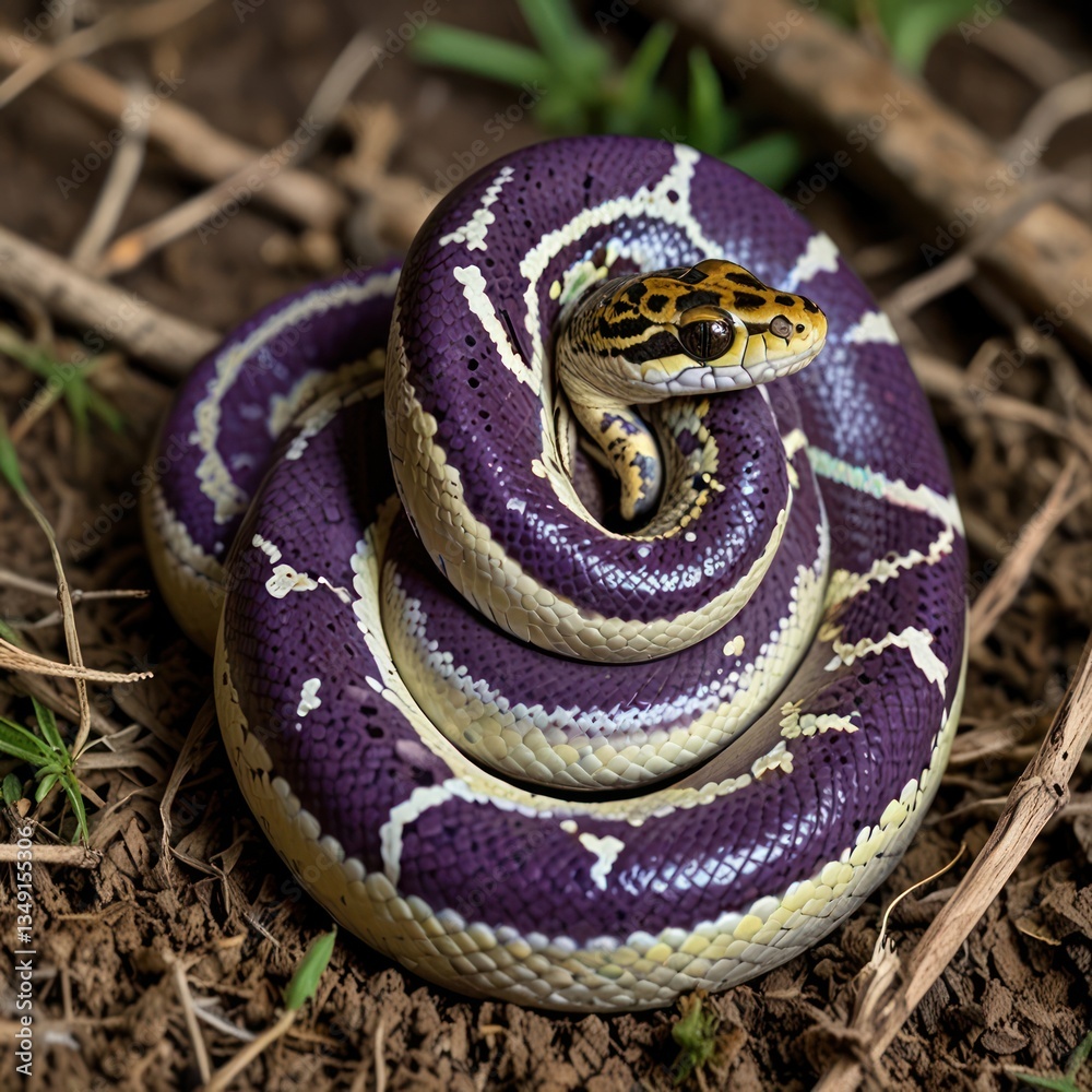 A coiled snake with vibrant purple and cream patterns rests on the ground A coiled snake with vibrant purple and cream patterns rests on the ground