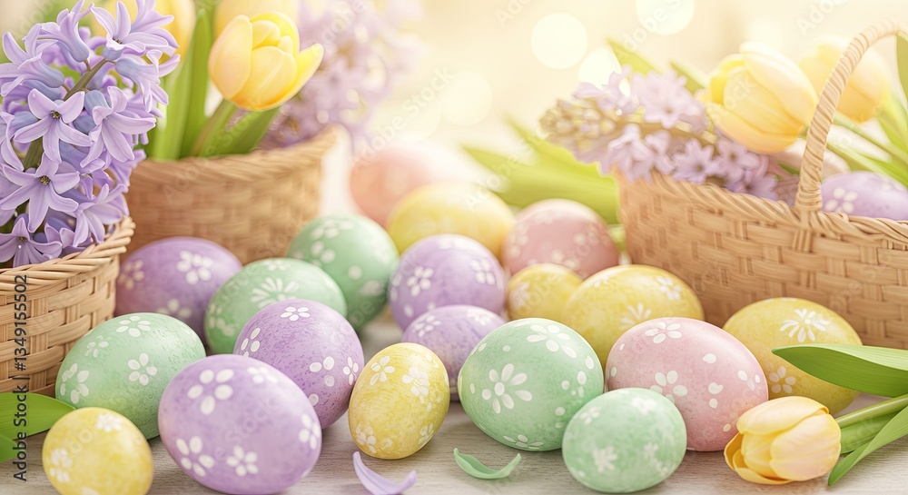 A basket of Easter eggs with flowers and a basket of flowers A basket of Easter eggs with flowers and a basket of flowers