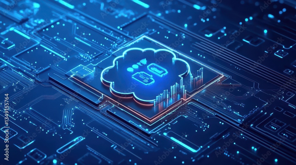 Cloud computing network with cybersecurity design on a fuzzy blue background