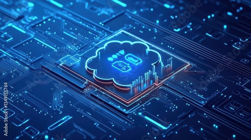 Obraz na płótnie Cloud computing network with cybersecurity design on a fuzzy blue background w salonie
