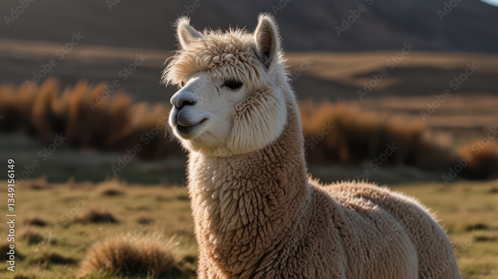 Obraz premium Fluffy cream-colored alpaca in a grassy field