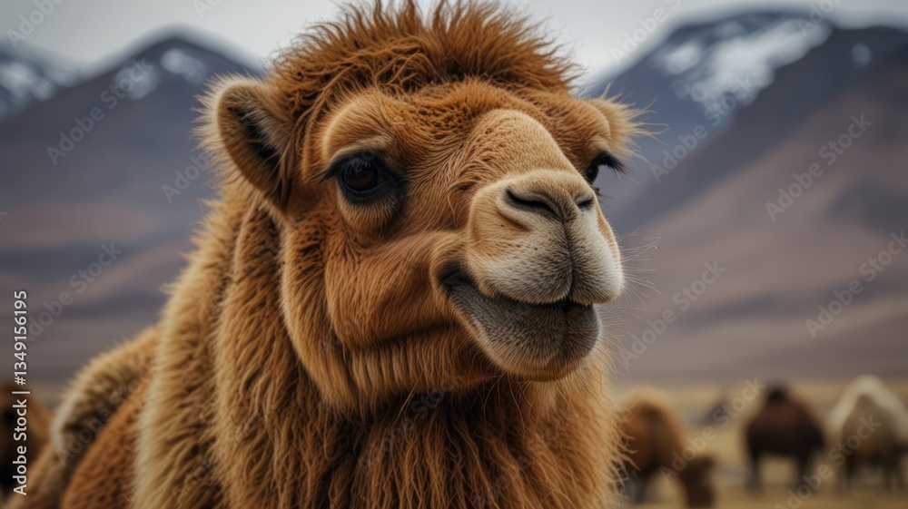 Obraz premium Close-up of a camel's head against a mountain backdrop. A fluffy, reddish-brown camel faces forward, with a slightly open mouth. Mountain range in the background is covered with snow