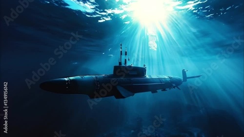 Wallpaper Mural Large submarine floating in middle of deep ocean during mission, abstract vivid composition consists of fictional unreal fantastic vision on background Torontodigital.ca