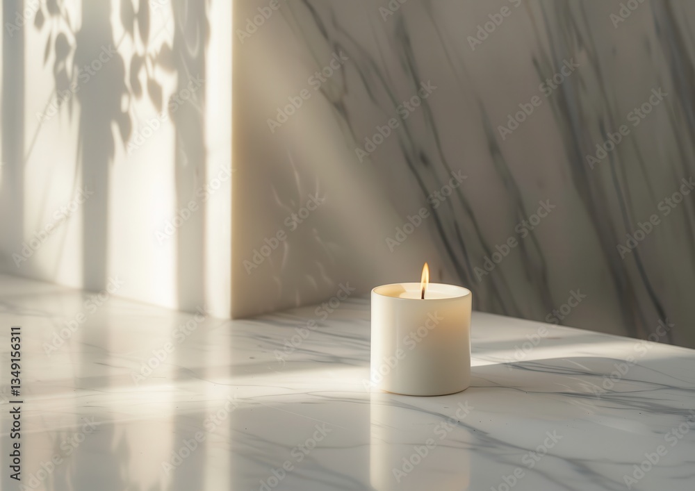 A lit candle on a marble surface, bathed in soft sunlight. A lit candle on a marble surface, bathed in soft sunlight.