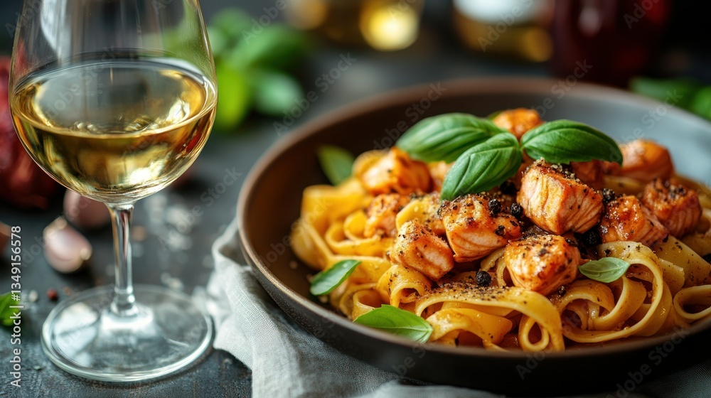 Pan-seared salmon atop creamy pasta with basil