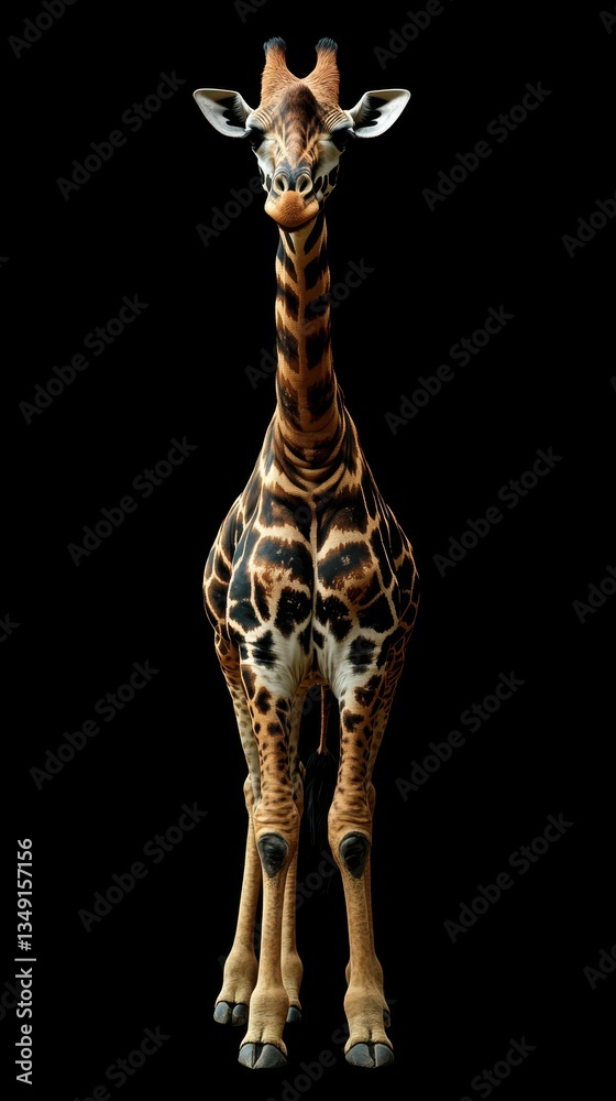 Obraz premium Giraffe with striking patterns stands tall against a black backdrop showcasing its unique features and elegance