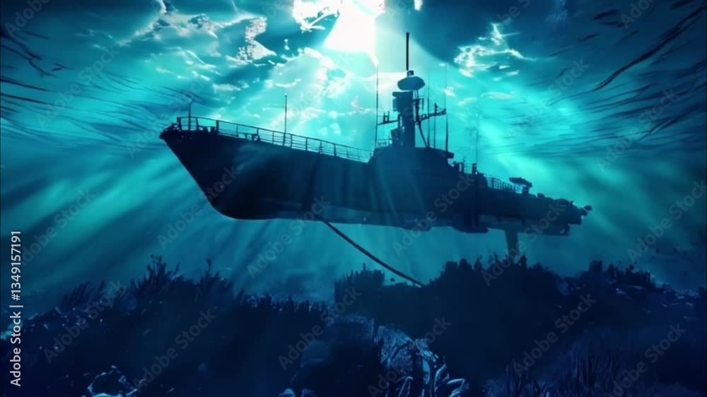 Large submarine floating in middle of deep ocean during mission, abstract vivid composition consists of fictional unreal fantastic vision on background Large submarine floating in middle of deep ocean during mission, abstract vivid composition consists of fictional unreal fantastic vision on background
