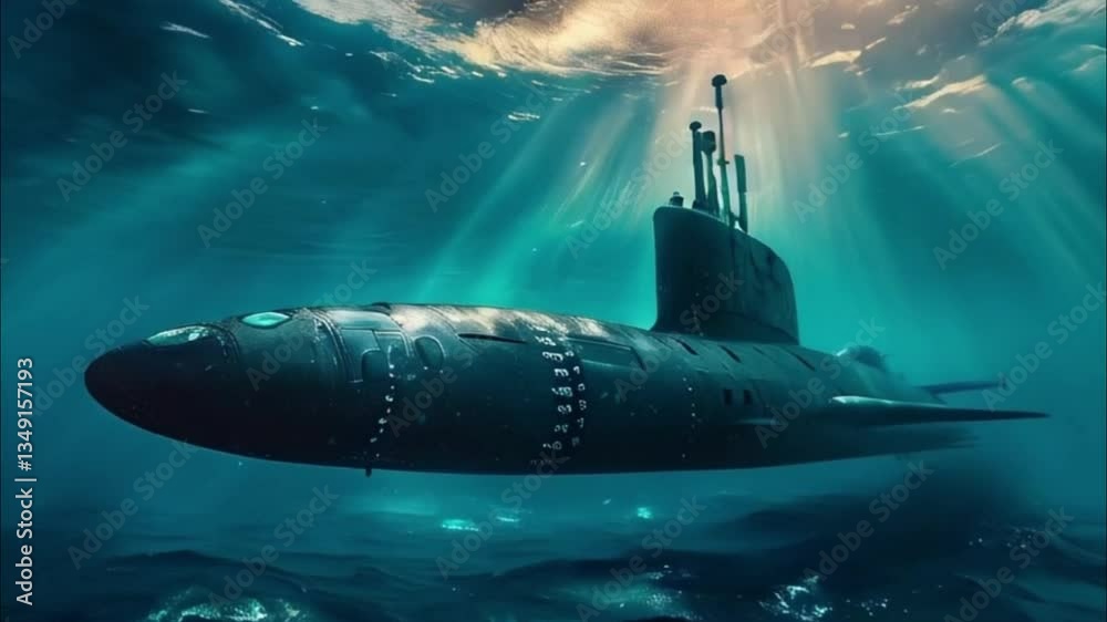 Large submarine floating in middle of deep ocean during mission, abstract vivid composition consists of fictional unreal fantastic vision on background