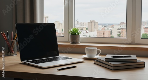 Laptop and Coffee on Desk with City View - Home Office Scene