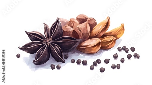 Watercolor Illustration of Aromatic Spice Ingredients for Masala Tea