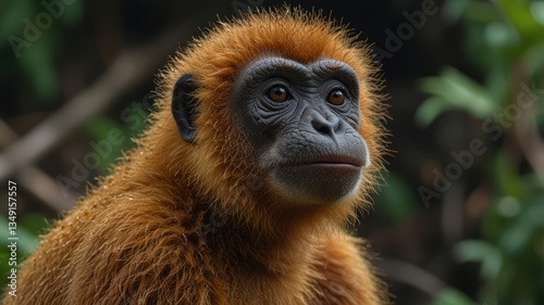 Close-up of a reddish-brown monkey with a serious expression.  Dense fur, attentive gaze, and a somewhat somber demeanor