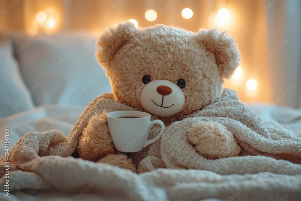Cute teddy bear with cozy blanket and coffee with blurred background .
