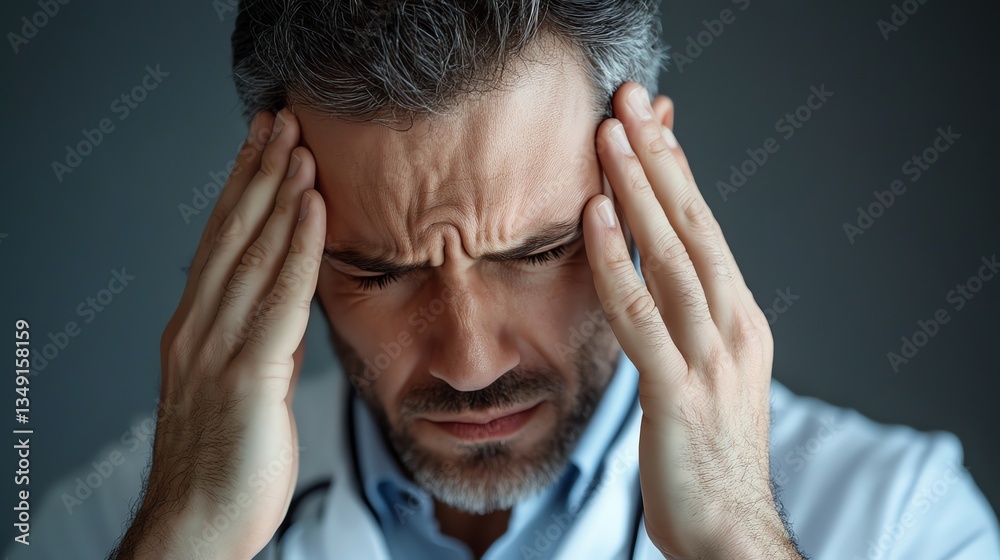 Stressed Doctor Experiencing Headache While Touching Temples Seeking Relief Stressed Doctor Experiencing Headache While Touching Temples Seeking Relief