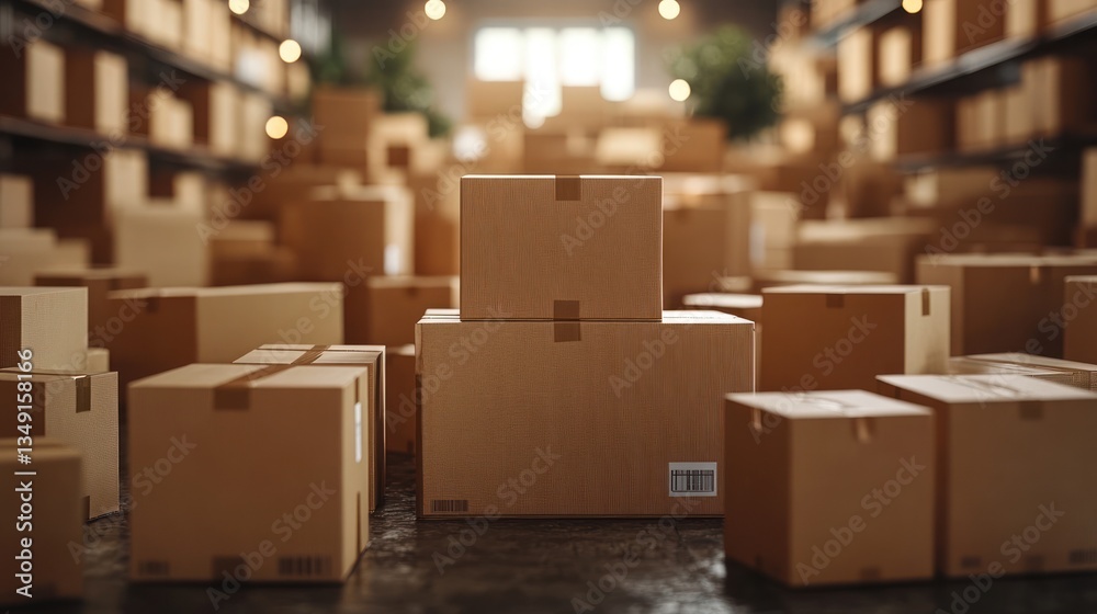 Many cardboard boxes stacked in a warehouse. Many cardboard boxes stacked in a warehouse.
