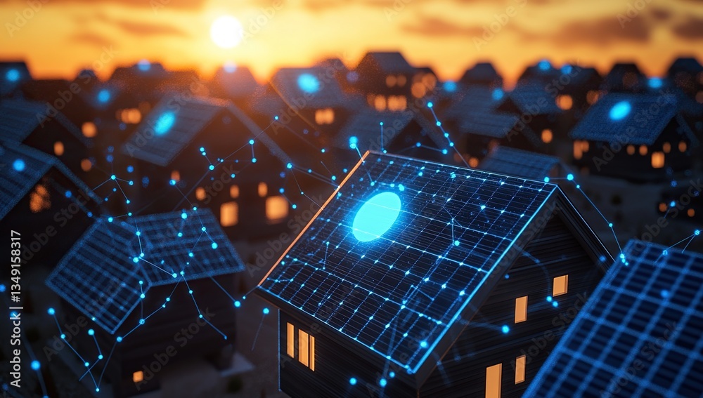 Obraz premium Smart Homes Network with Solar Panels at Sunset