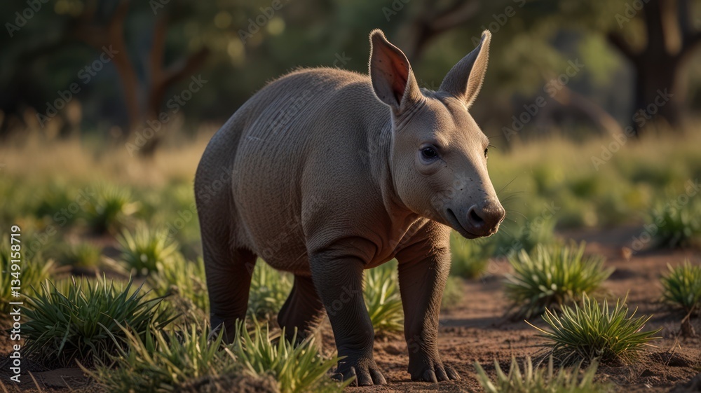 Fototapeta premium Young anteater in natural habitat. A light-tan, small anteater walks through a grassy savanna-like environment. Soft light suggests early morning or late afternoon