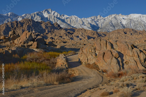 Dirt road through the rocks in the Alabama Hills in California