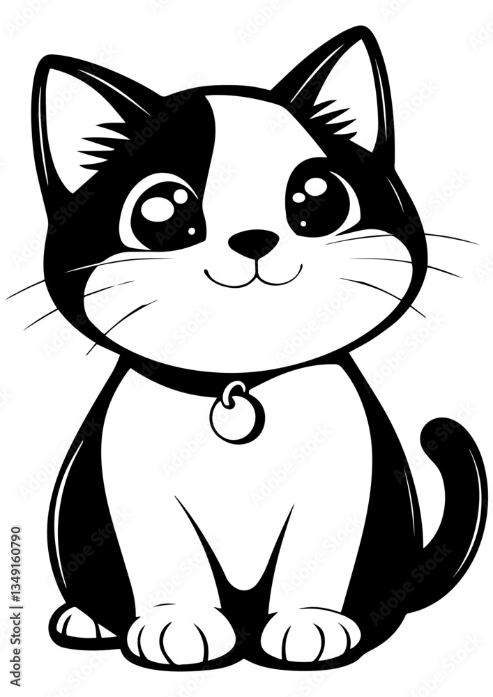 Fototapeta premium Black and white vector illustration of a cute cartoon cat. Perfect for engraving, laser cutting, tattoo design, logo, line art, and vector sketches. Ideal for pet and animal-themed projects.