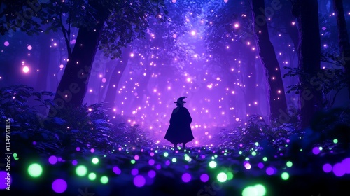 Night scene in a dense forest, with glowing mushrooms lighting the path, headless horseman figure in silhouette, dark fantasy style, purple and green tones