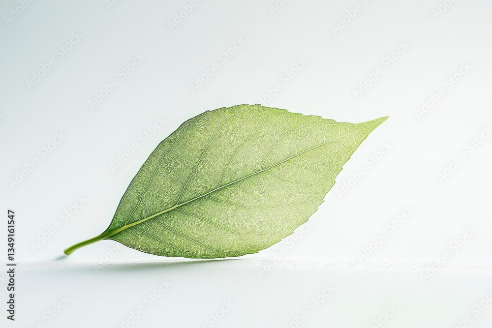 Fototapeta premium Green Leaf Isolated on White Background Revealing Vein Structure