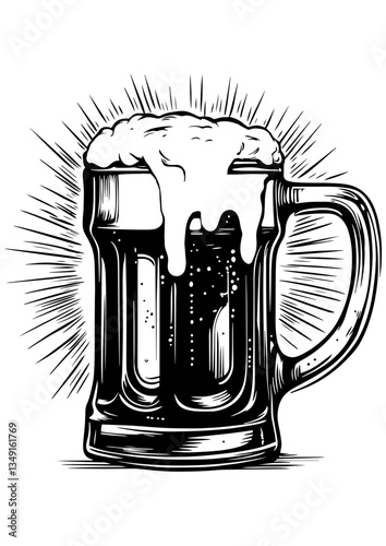 Black and white vector illustration of a beer mug with foam. Perfect for engraving, laser cutting, tattoo idea, logo, line art, and vector sketch.