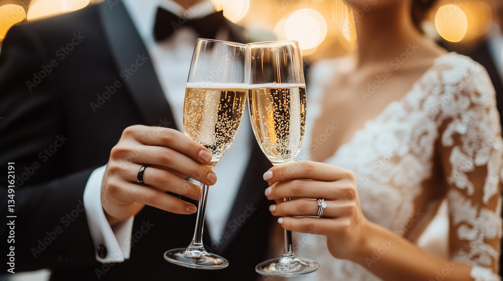 Bride and groom clinking champagne glasses at wedding reception Bride and groom clinking champagne glasses at wedding reception