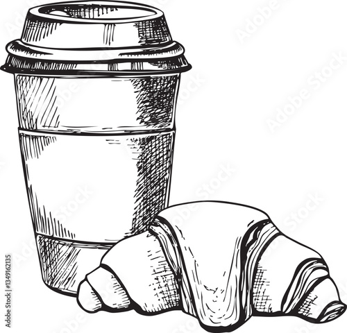 Vector hand drawn illustration of a takeaway coffee in paper cup with a black lid and a crispy croissant	