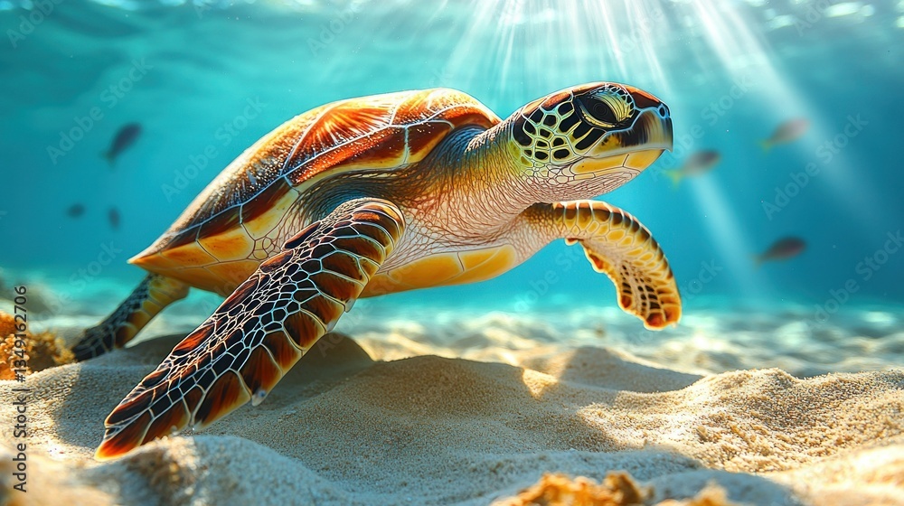 Fototapeta premium Vibrant sea turtle gracefully glides on sandy ocean floor, sunbeams illuminating its shell