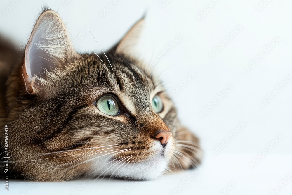 Resting Tabby Cat Portrait with Intense Green Eyes Looking Up Resting Tabby Cat Portrait with Intense Green Eyes Looking Up
