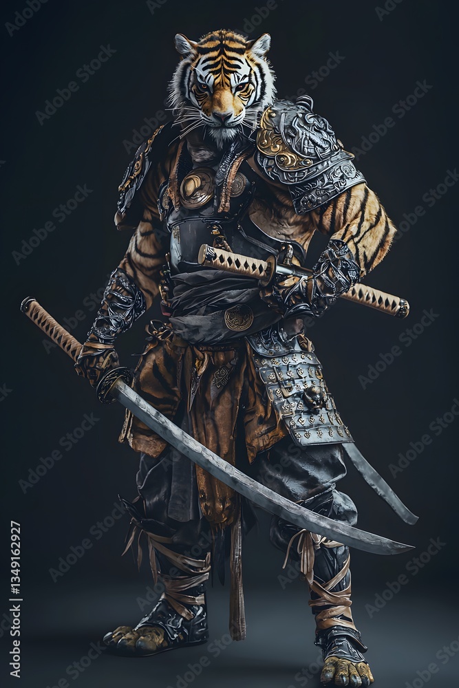 Obraz premium A powerful tiger monk warrior, a fearsome samurai with katana swords, stands defiantly in full ornate armor, showcasing detailed tiger features and a serene yet intense expression.