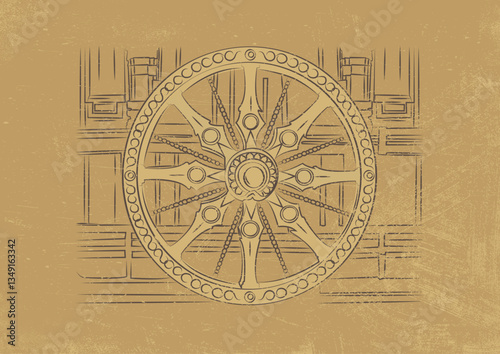 Chariot wheel at the Konark Sun Temple, Orissa, India. Vector Illustration of Indian architecture and sculpture.
