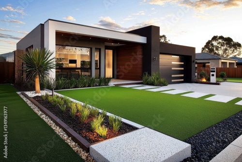 Innovative landscaping with artificial turf complements contemporary architecture.