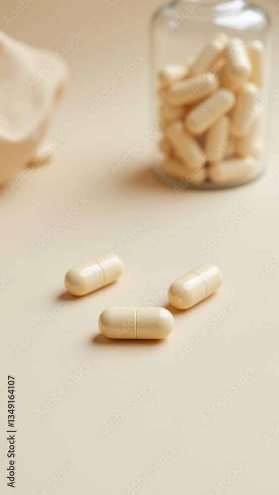 Magnesium Glycinate dietary supplement capsules on a table near a glass bottle and rock candy.