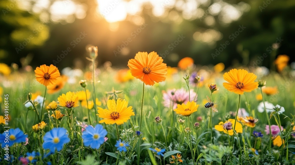 Vibrant wildflowers bask in warm sunset light Vibrant wildflowers bask in warm sunset light