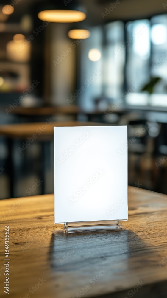 Blank white acrylic menu stand on wooden table on blurred restaurant background .