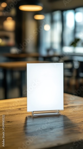 Obraz na płótnie Blank white acrylic menu stand on wooden table on blurred restaurant background . w salonie