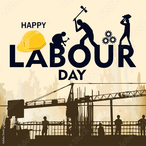 Happy May Day Illustration – Silhouettes of Construction Workers, Cranes, and Gears Representing Labour Rights, Strength, and Dedication, Ideal for Labour Day Posters and Banners