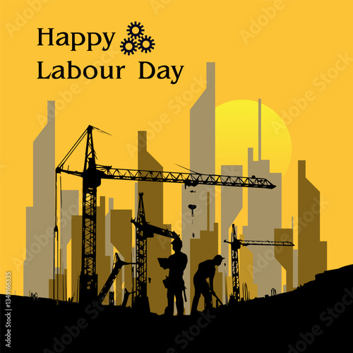 1st May Labour Day Concept – Silhouetted Construction Workers and Cranes with a Cityscape Background, Perfect for Celebrating Hard Work, Dedication, and Workers’ Rights