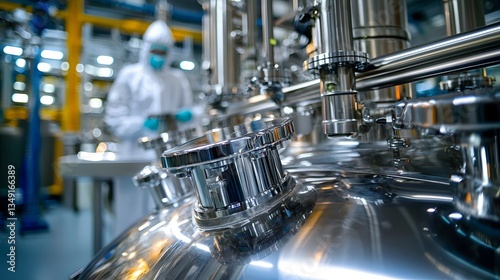 A sterile pharmaceutical cleanroom features gleaming stainless steel equipment and a scientist in protective clothing carefully working amidst advanced biopharmaceutical