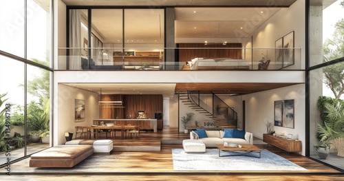 Modern two-story house interior with open-plan living, tropical view