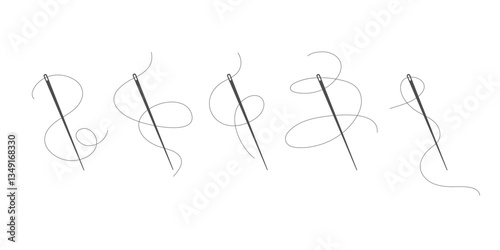 A set of needles and thread. Embroidery and needlework. Line art drawing. Vector illustration.