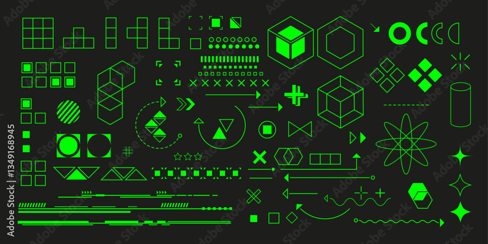 Obraz premium Set of technological shapes. Futuristic design elements. Geometric symbols. Squares and cubes, circles and hexagons. Vector illustration.