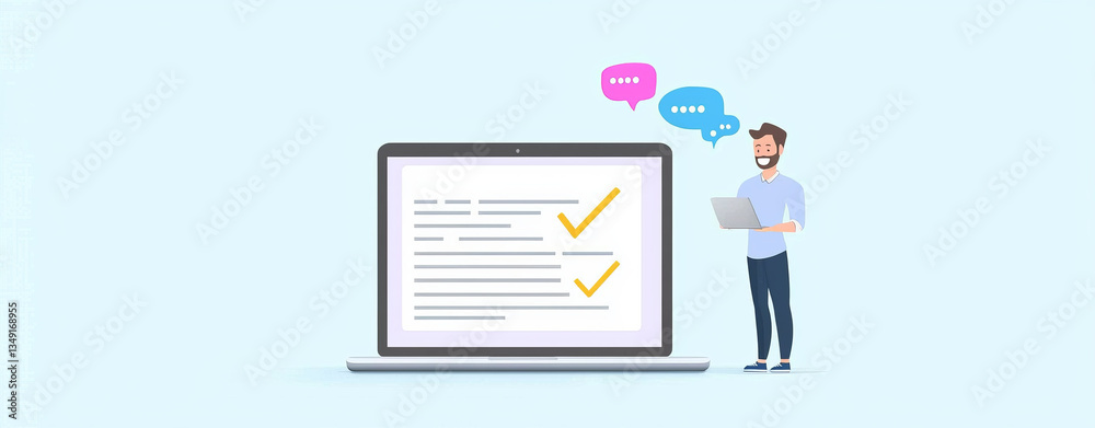 Man using laptop with checklist and chat bubbles, representing communication and task management Man using laptop with checklist and chat bubbles, representing communication and task management