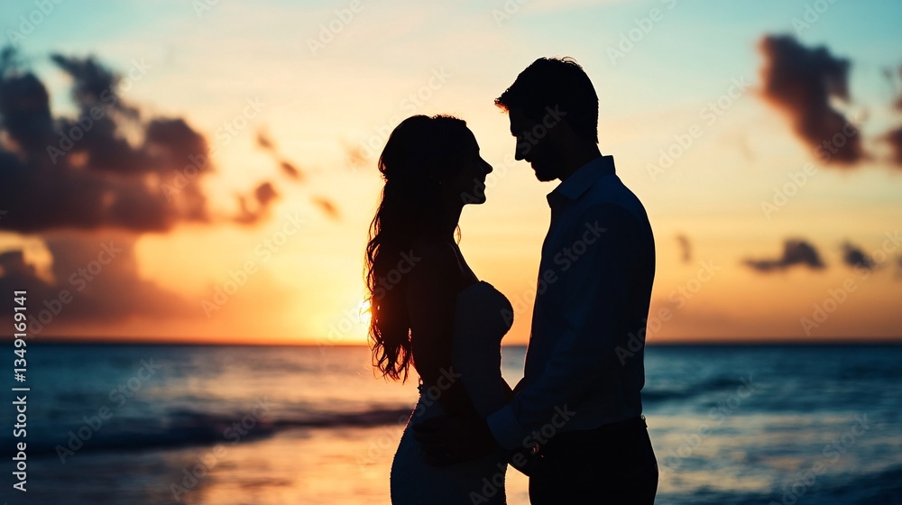 Fototapeta premium Couple silhouetted at sunset beach romance