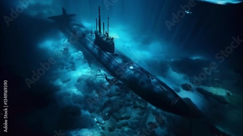 Large submarine floating in middle of deep ocean during mission, abstract vivid composition consists of fictional unreal fantastic vision on background
